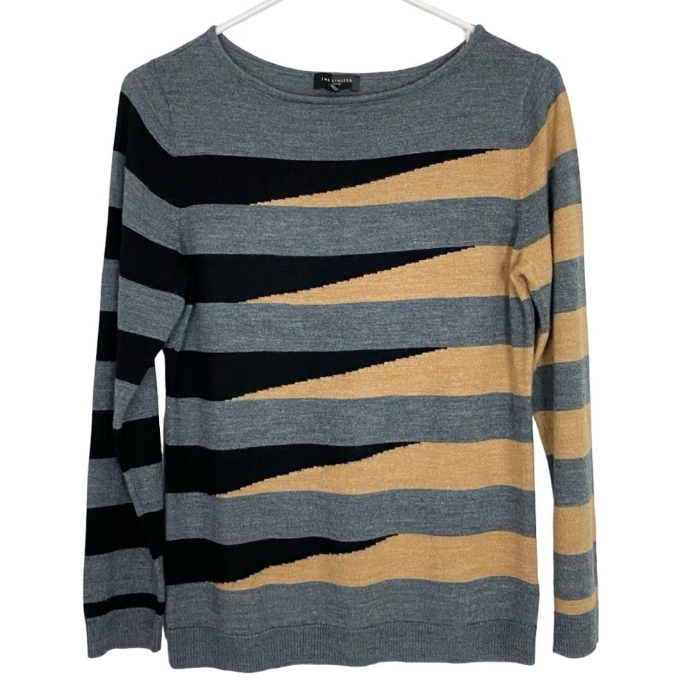 The Limited Sweater Size Medium LightWeight Neutral Wool Pullover Gray Wide Neck